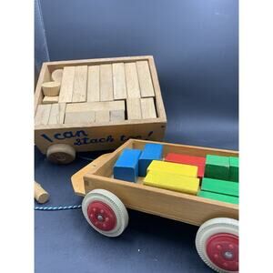 Vintage Lot of 2 Wooden Wagon Pull Toys with Blocks